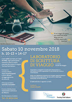 Locandina Laboratorio di scrittura di viaggio a Milano novembre 2018 in collaborazione con il Touring Club Italiano